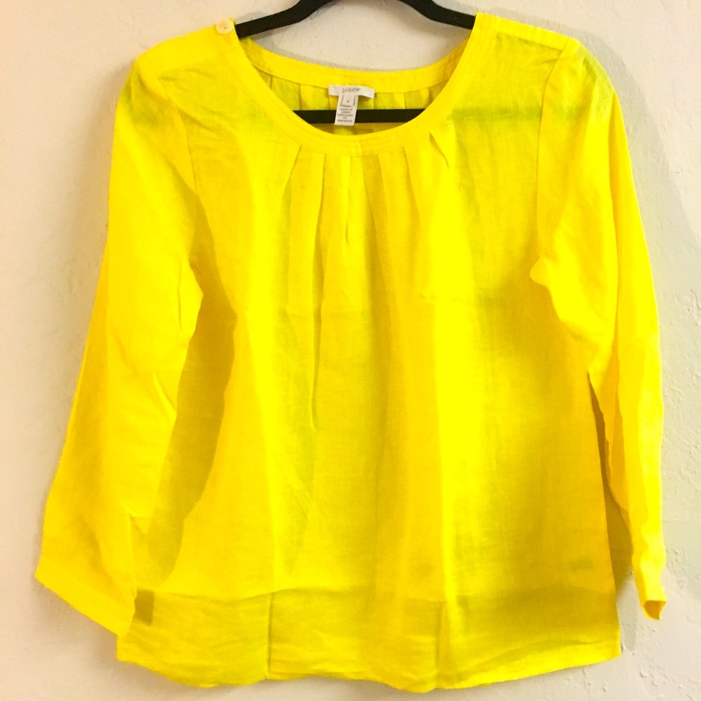 J Crew 100% Linen Blouse Size 4 Yellow Spring Summer Vacation Relaxed Fit